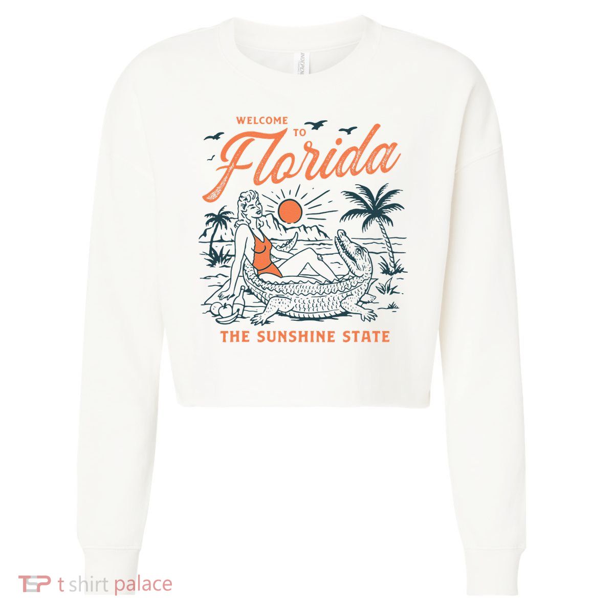 Welcome To Florida Funny Vintage Gator Beach Sunshine State Cropped Pullover Crew