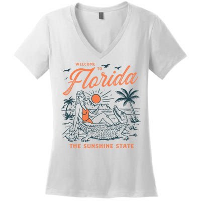 Welcome To Florida Funny Vintage Gator Beach Sunshine State Women's V-Neck T-Shirt