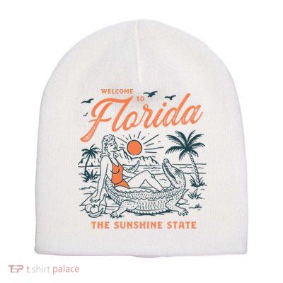 Welcome To Florida Funny Vintage Gator Beach Sunshine State Short Acrylic Beanie