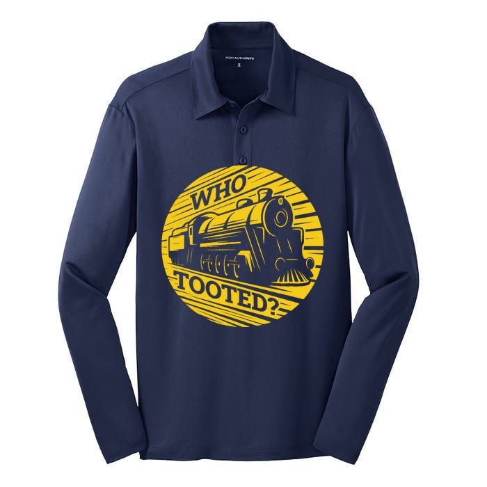 Who Tooted Funny Train Lover Cute Model Railroad Conductor Silk Touch Performance Long Sleeve Polo