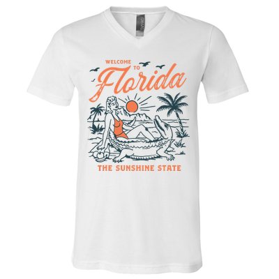 Welcome To Florida Funny Vintage Gator Beach Sunshine State V-Neck T-Shirt
