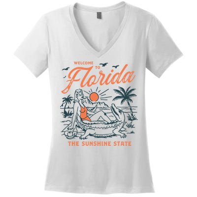 Welcome To Florida Funny Vintage Gator Beach Sunshine State Women's V-Neck T-Shirt