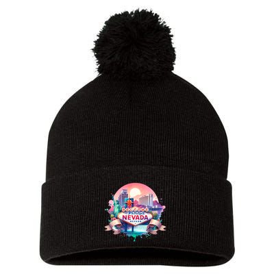 Welcome To Fabulous Nevada Las Vegas Water Color Logo Pom Pom 12in Knit Beanie