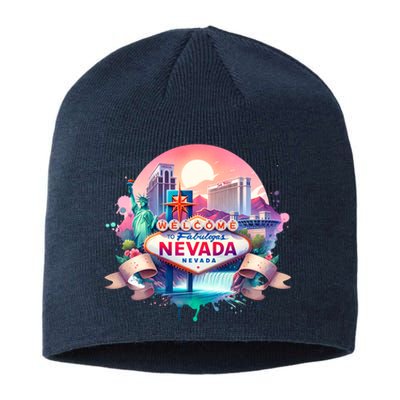 Welcome To Fabulous Nevada Las Vegas Water Color Logo Sustainable Beanie