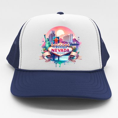 Welcome To Fabulous Nevada Las Vegas Water Color Logo Trucker Hat