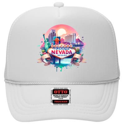 Welcome To Fabulous Nevada Las Vegas Water Color Logo High Crown Mesh Back Trucker Hat