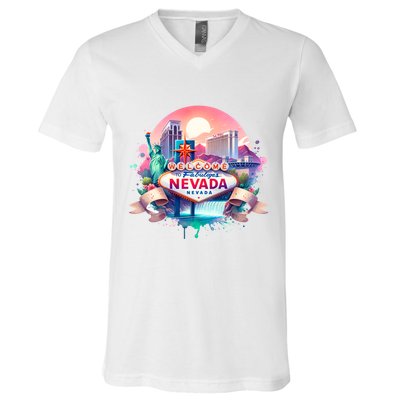 Welcome To Fabulous Nevada Las Vegas Water Color Logo V-Neck T-Shirt