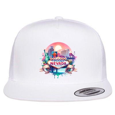 Welcome To Fabulous Nevada Las Vegas Water Color Logo Flatbill Hat