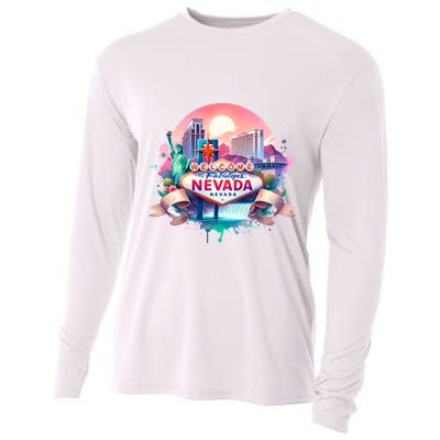 Welcome To Fabulous Nevada Las Vegas Water Color Logo Cooling Performance Long Sleeve Crew