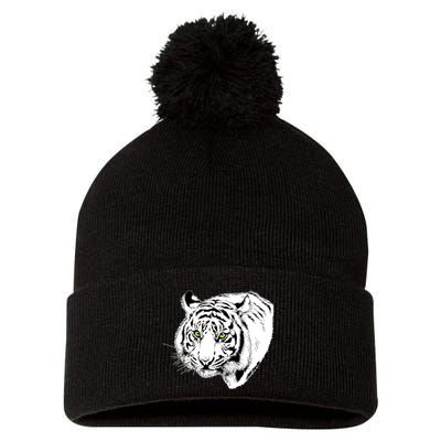 White Tiger Face Pom Pom 12in Knit Beanie