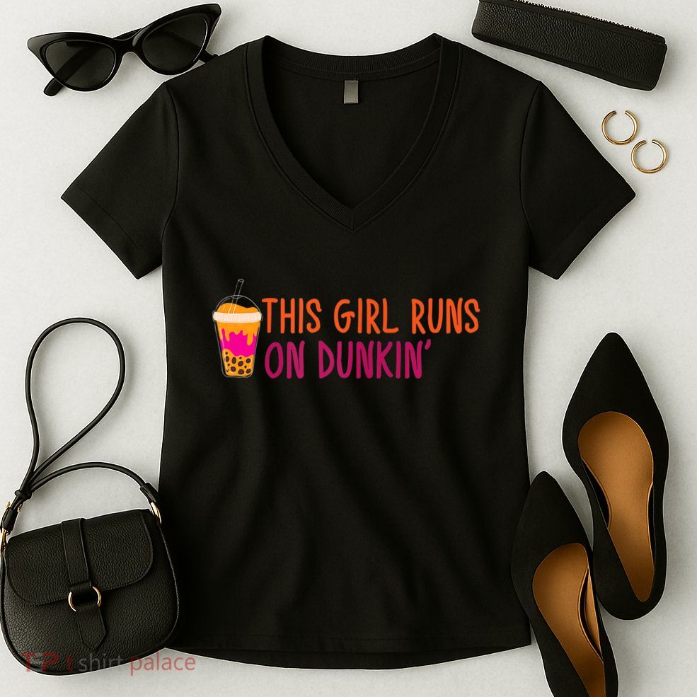 Womens This Girl Runs On Dunkin' Funny Essential Women's V-Neck T-Shirt