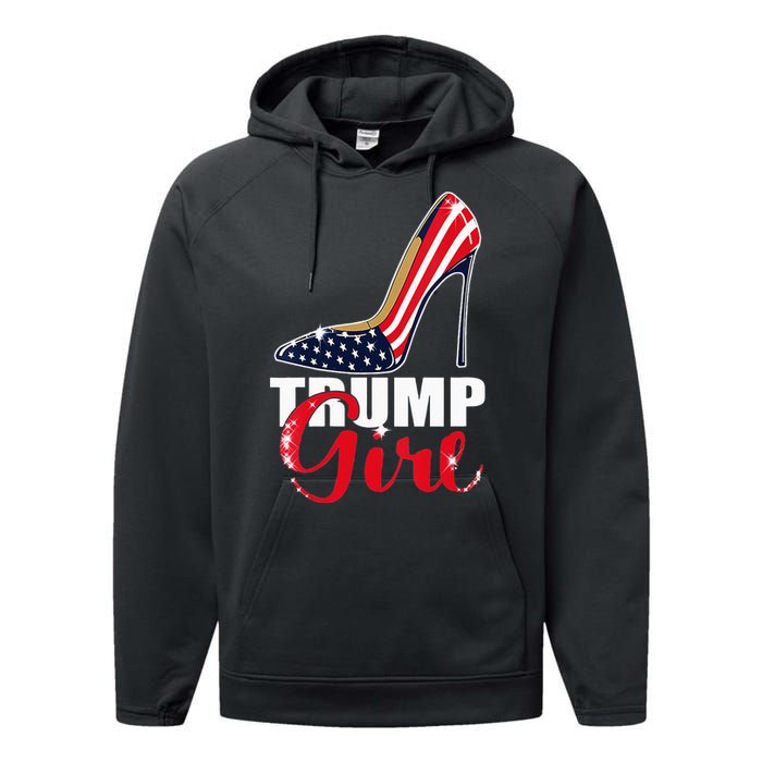 Womens Trump Girl Stilettos High Heel American Flag Trump 2024 Performance Fleece Hoodie