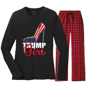 Womens Trump Girl Stilettos High Heel American Flag Trump 2024 Women's Long Sleeve Flannel Pajama Set 