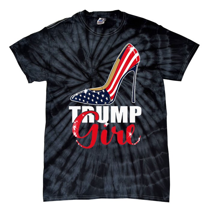 Womens Trump Girl Stilettos High Heel American Flag Trump 2024 Tie-Dye T-Shirt