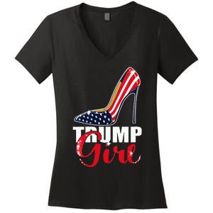 Womens Trump Girl Stilettos High Heel American Flag Trump 2024 Women's V-Neck T-Shirt