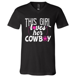 Womens This Girl Loves Her Cowboy Cute Texas Dallas V-Neck T-Shirt