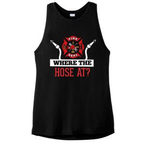 Where The Hose At Funny Firefighter Ladies PosiCharge Tri-Blend Wicking Tank