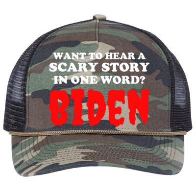 Want To Hear A Scary Story In One Word Biden Funny Halloween Retro Rope Trucker Hat Cap