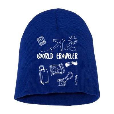 World Traveler Holiday Doodles Vintage Travel Lover Gift Short Acrylic Beanie