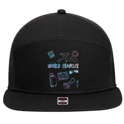 World Traveler Holiday Doodles Vintage Travel Lover Gift 7 Panel Mesh Trucker Snapback Hat