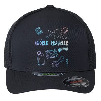 World Traveler Holiday Doodles Vintage Travel Lover Gift Flexfit Unipanel Trucker Cap