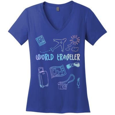 World Traveler Holiday Doodles Vintage Travel Lover Gift Women's V-Neck T-Shirt