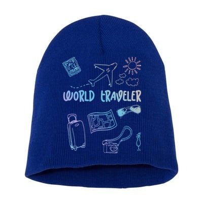 World Traveler Holiday Doodles Vintage Travel Lover Gift Short Acrylic Beanie