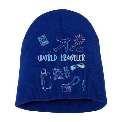 World Traveler Holiday Doodles Vintage Travel Lover Gift Short Acrylic Beanie