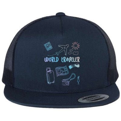 World Traveler Holiday Doodles Vintage Travel Lover Gift Flat Bill Trucker Hat