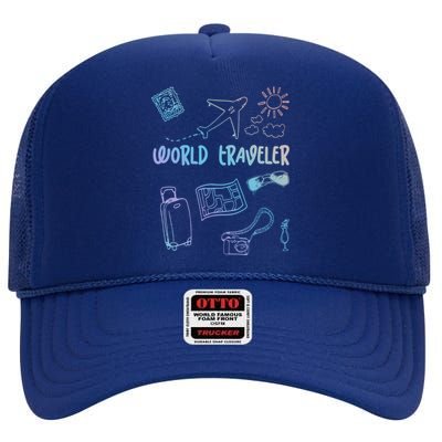 World Traveler Holiday Doodles Vintage Travel Lover Gift High Crown Mesh Back Trucker Hat