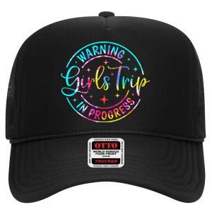 Warning Trip In Progress Trip Vacation Tie Dye High Crown Mesh Back Trucker Hat