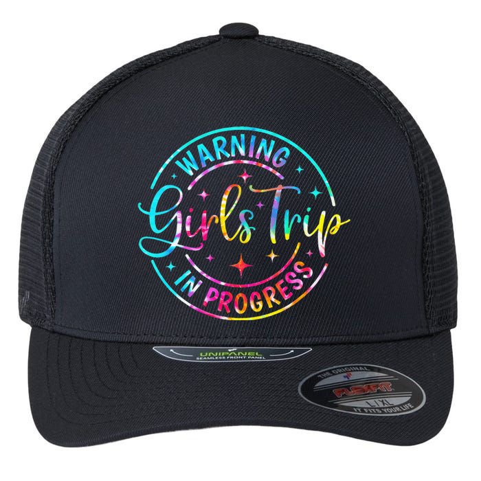 Warning Trip In Progress Trip Vacation Tie Dye Flexfit Unipanel Trucker Cap