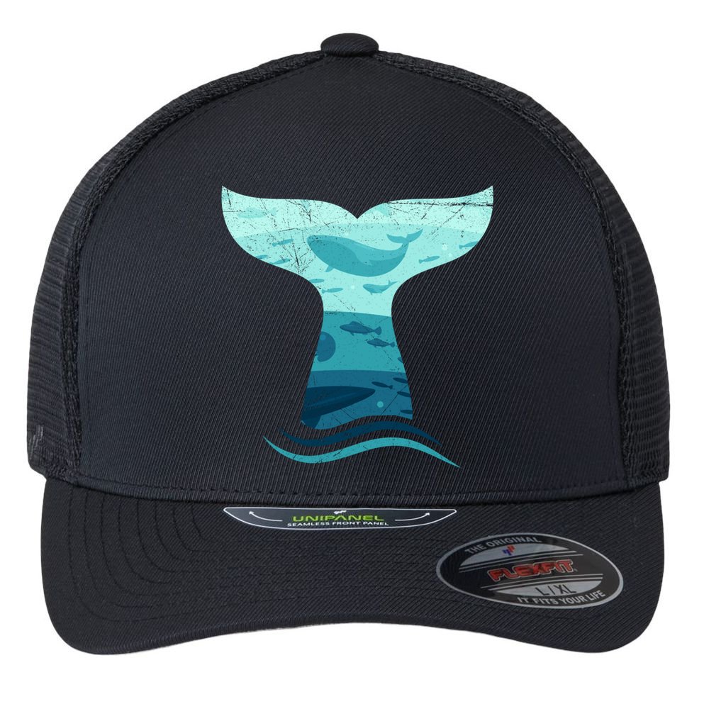 Whale Tail In Waves Orca Ocean Cute Gift Flexfit Unipanel Trucker Cap