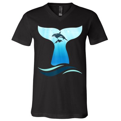 Whale Tail In Waves Orcas Underwater Ocean V-Neck T-Shirt