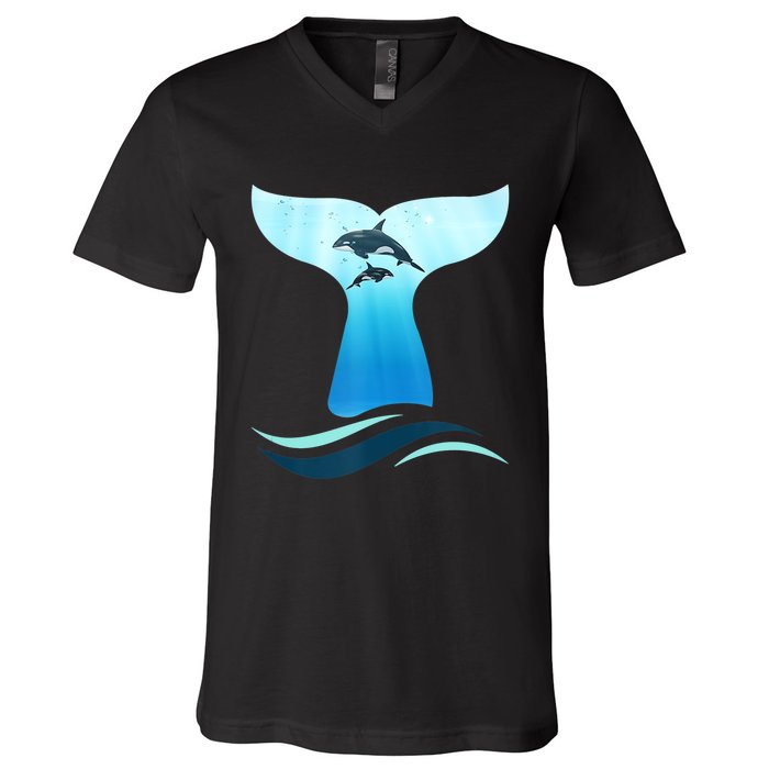 Whale Tail In Waves Orcas Underwater Ocean V-Neck T-Shirt