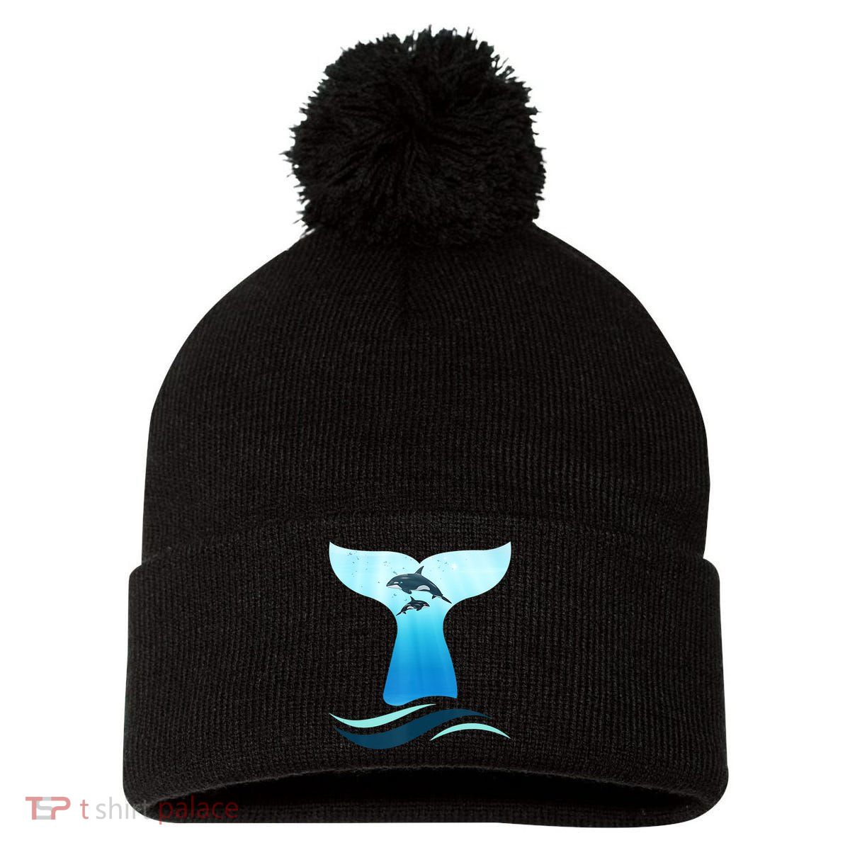 Whale Tail In Waves Orcas Underwater Ocean Pom Pom 12in Knit Beanie