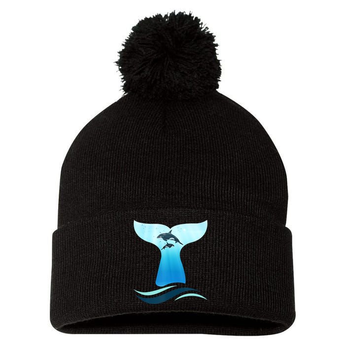 Whale Tail In Waves Orcas Underwater Ocean Pom Pom 12in Knit Beanie