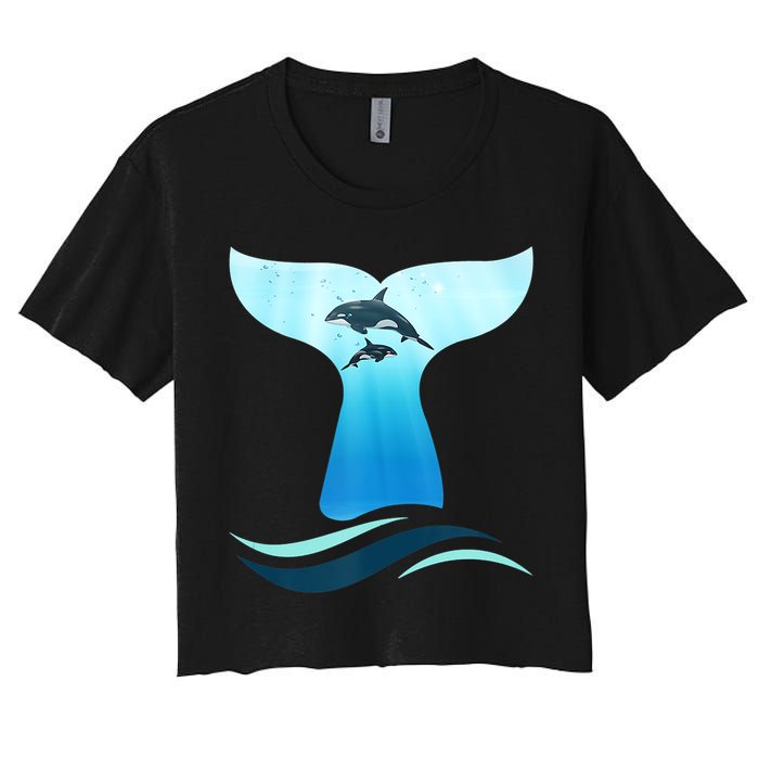 Whale Tail In Waves Orcas Underwater Ocean Women's Crop Top Tee