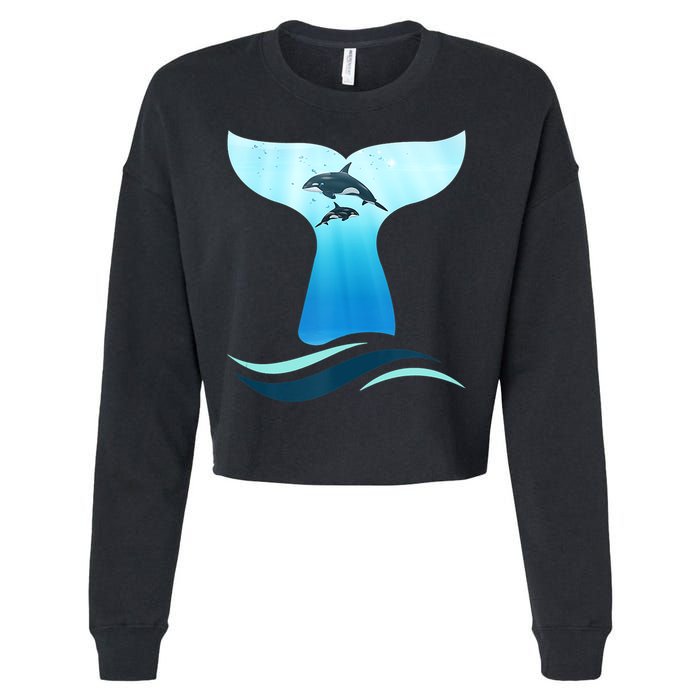 Whale Tail In Waves Orcas Underwater Ocean Cropped Pullover Crew