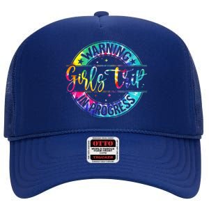 Warning Trip In Progress Trip Vacation Tie Dye High Crown Mesh Back Trucker Hat