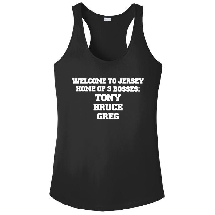 Welcome To Jersey Home Of 3 Bosses Tony Bruce Greg Ladies PosiCharge Competitor Racerback Tank