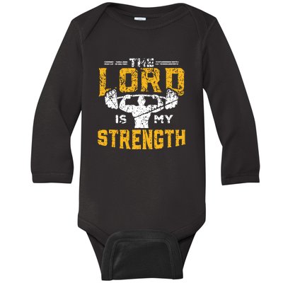 Workout The Lord Is My Strength Funny Christian Gym Baby Long Sleeve Bodysuit