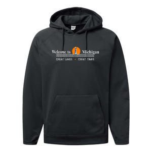 Welcome To Michigan Logo Great Lakes Great Times Performance Fleece Hoodie