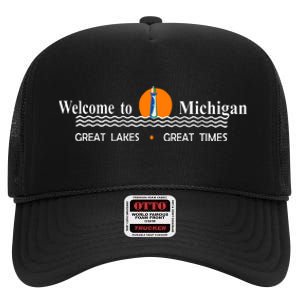 Welcome To Michigan Logo Great Lakes Great Times High Crown Mesh Back Trucker Hat