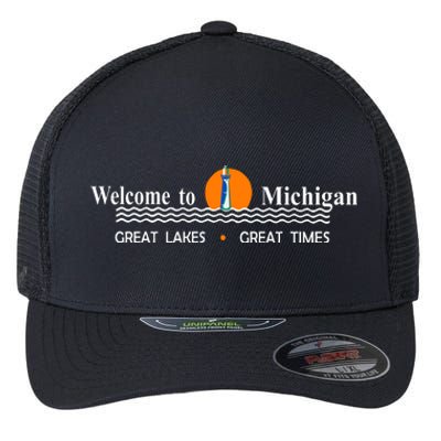 Welcome To Michigan Logo Great Lakes Great Times Flexfit Unipanel Trucker Cap