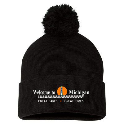 Welcome To Michigan Logo Great Lakes Great Times Pom Pom 12in Knit Beanie