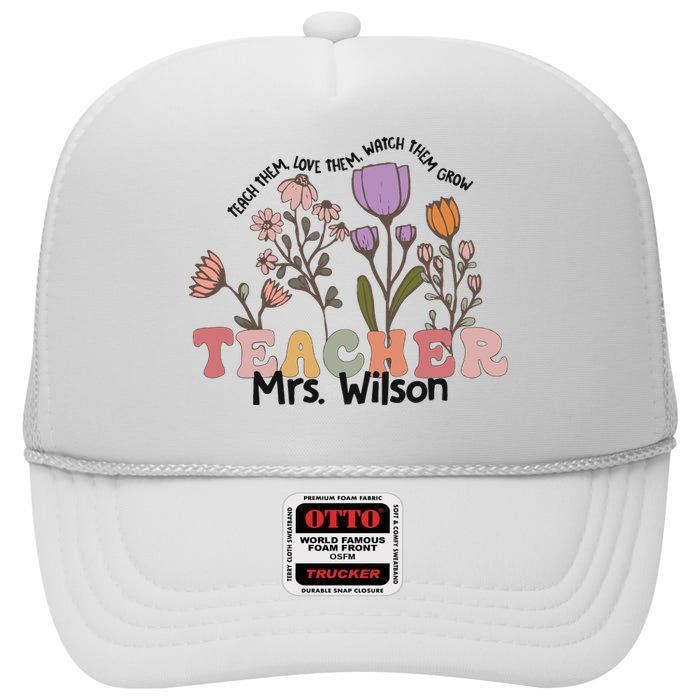 Wildflower Teacher Name Groovy Teacher High Crown Mesh Back Trucker Hat