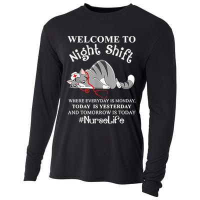 Welcome To Night Shift Where Everyday Is Monday Cat Nurse Cooling Performance Long Sleeve Crew