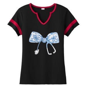 Women Toile Nurse Bow Blue Coquette Nurse Stethoscope Bow Gift Ladies Halftime Notch Neck Tee