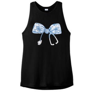 Women Toile Nurse Bow Blue Coquette Nurse Stethoscope Bow Gift Ladies PosiCharge Tri-Blend Wicking Tank